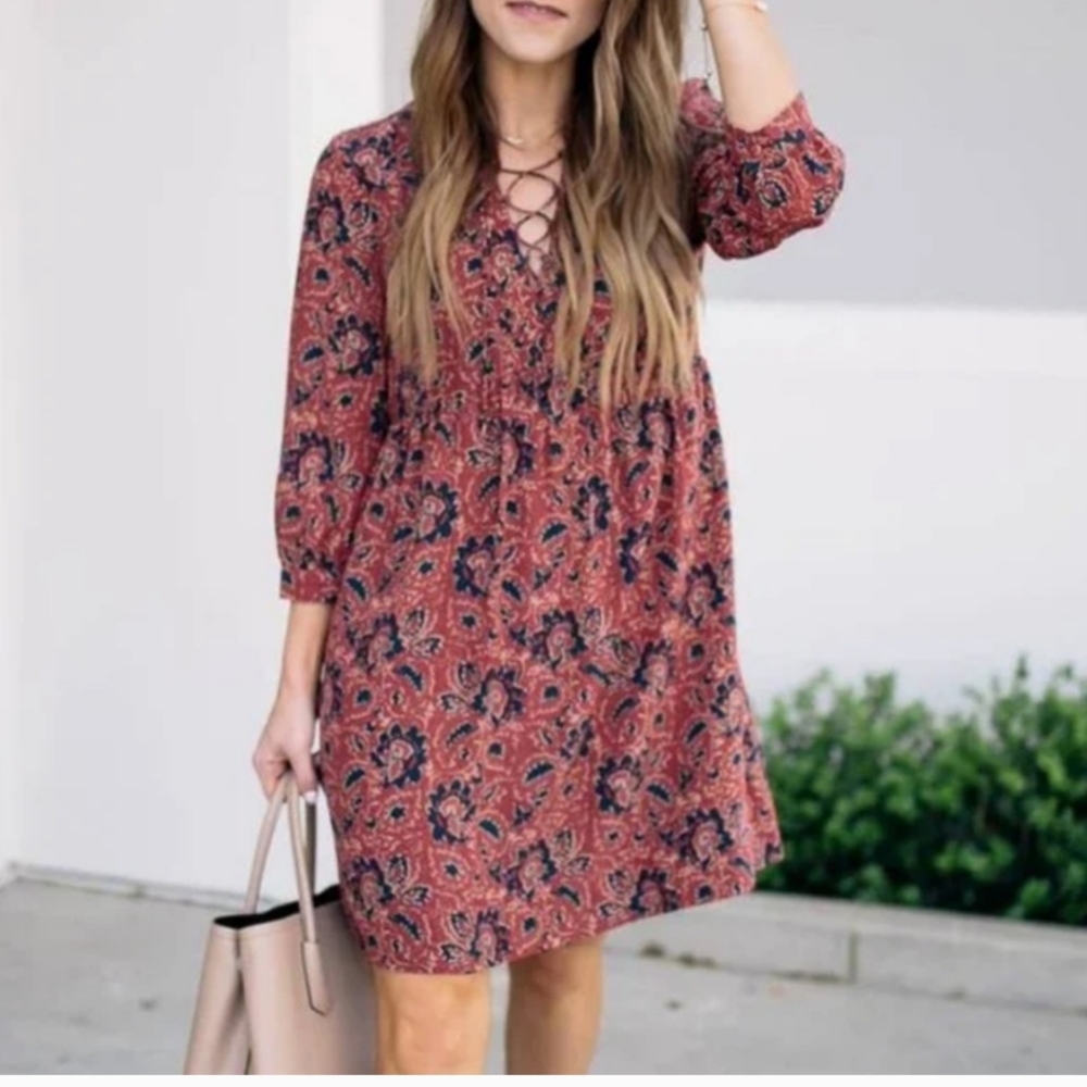 Madewell Silk Boho Midi Dress – Maroon/Navy Assam Paisley Floral, Size XXS